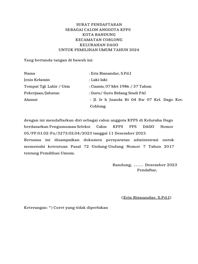 Form Lamaran KPPS Dago | PDF
