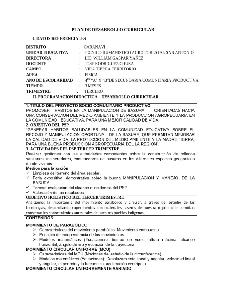 Plan de Desarrollo Curricular Jose 4to Fisica Tercer Trimestre 2024 ...