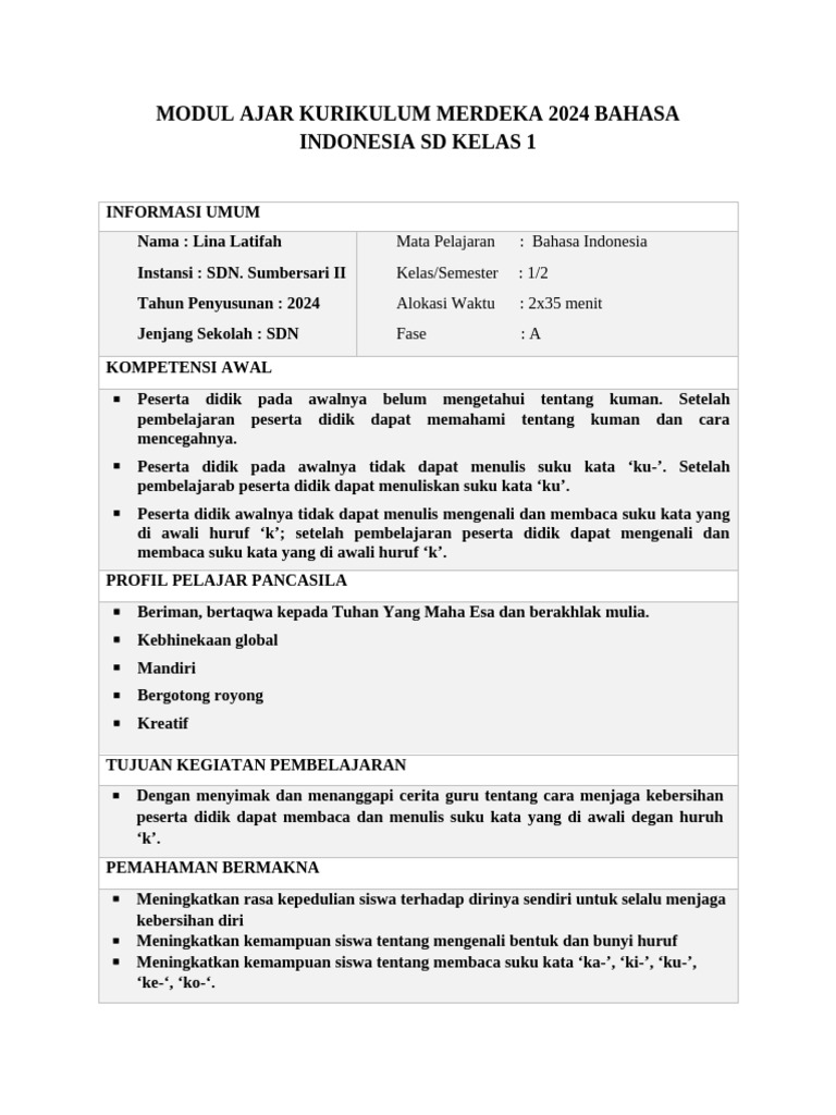 Modul Ajar Bahasa Indonesia Kelas 1 | PDF | Seni & Disiplin Bahasa