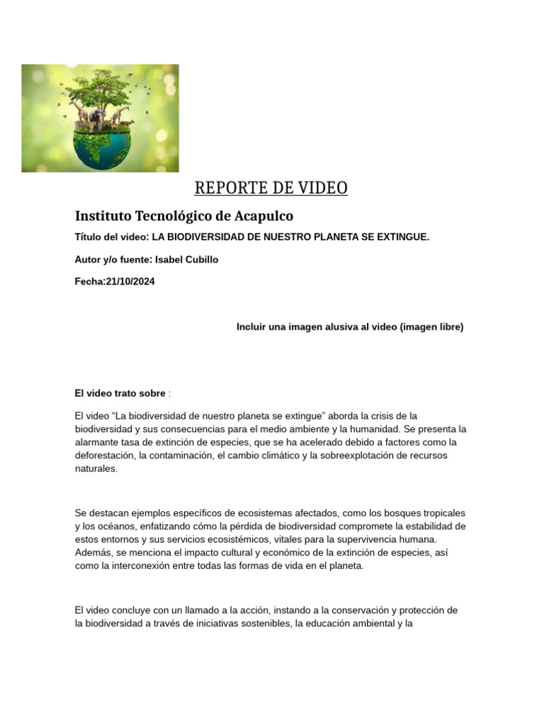 Formato de Reporte de Video | PDF | Biodiversidad | Entorno natural