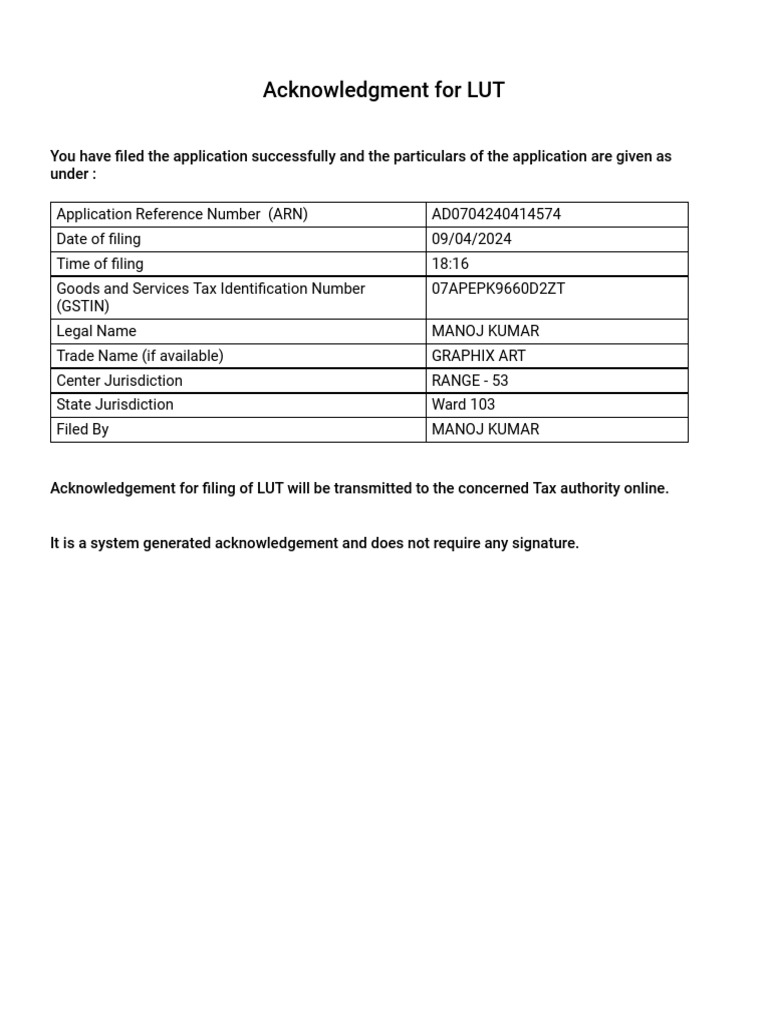 LUT Application Acknowledgment Details | PDF