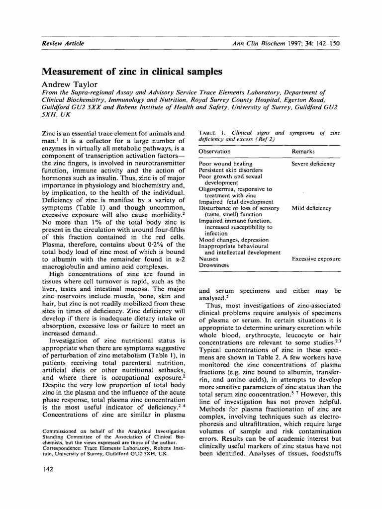 Taylor 1997 Measurement of Zinc in Clinical Samples | PDF | Zinc ...