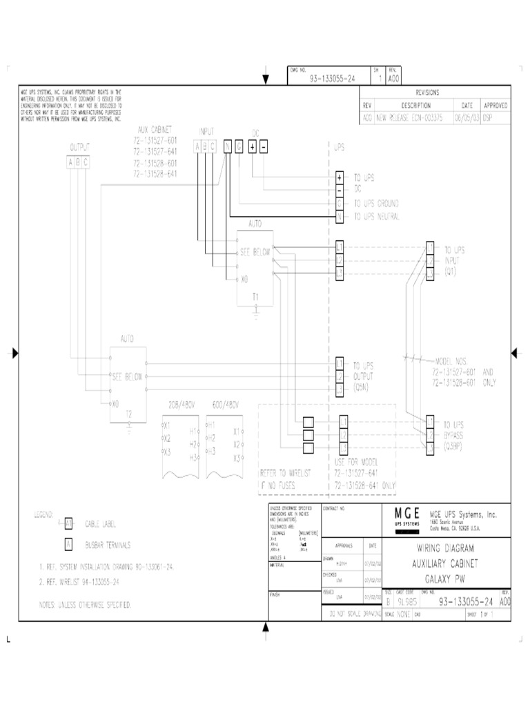 Wiring Diagram Auxiliary Cabinet With Auto-Xfmr 93-133055-24 Rev A00 | PDF