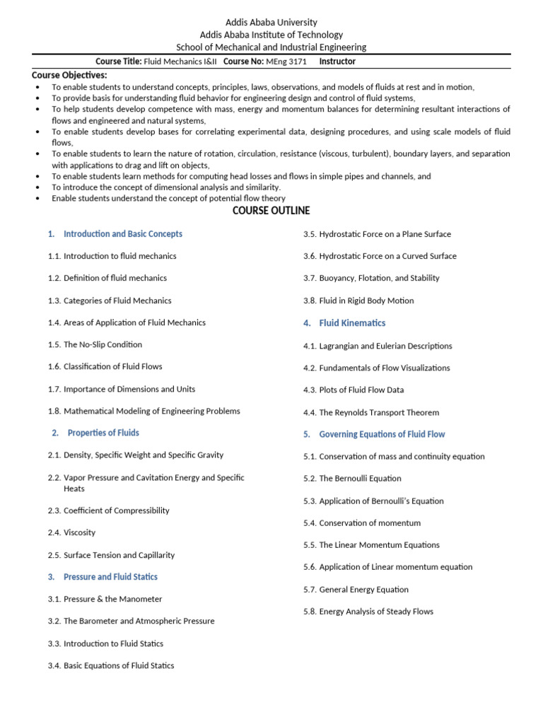 Fluid Mechanics Course Overview | PDF | Fluid Dynamics | Fluid Mechanics