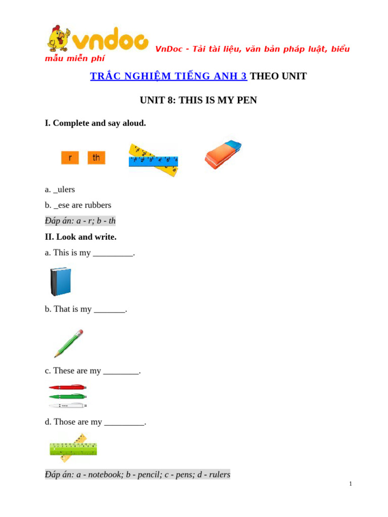 Trac Nghiem Tieng Anh Lop 3 Unit 8 This Is My Pen | PDF