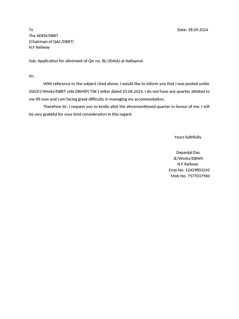 Format For Quarter Allotment Application | PDF