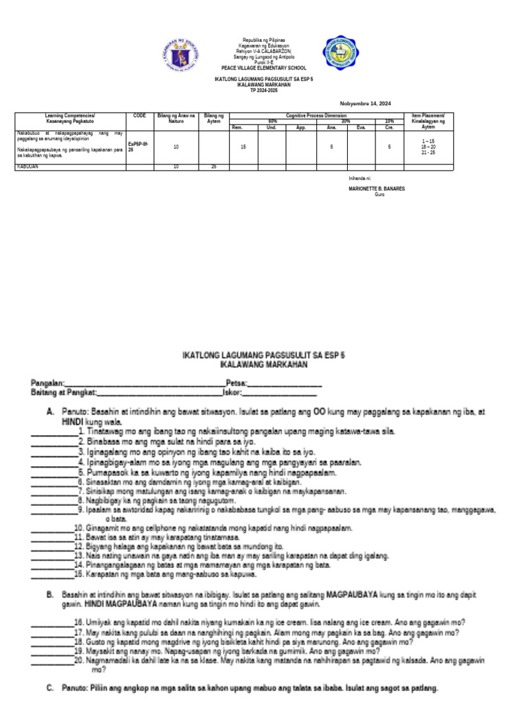 q2 Esp Summ Test No. 3 | PDF