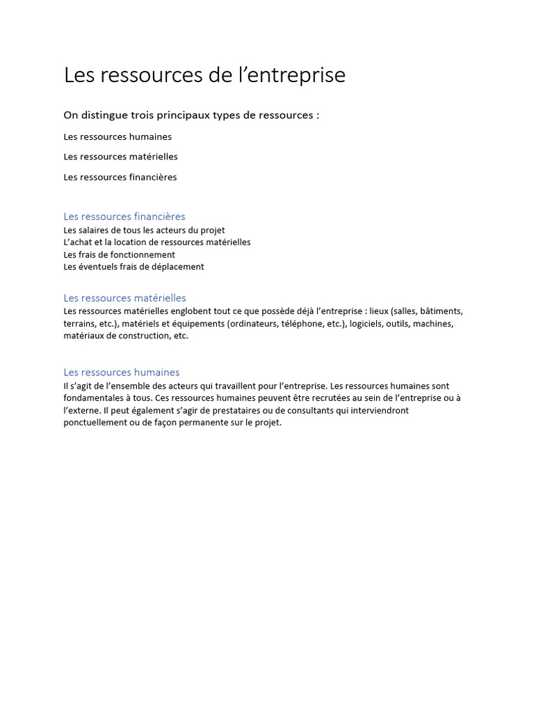 Types de ressources d'une entreprise | PDF