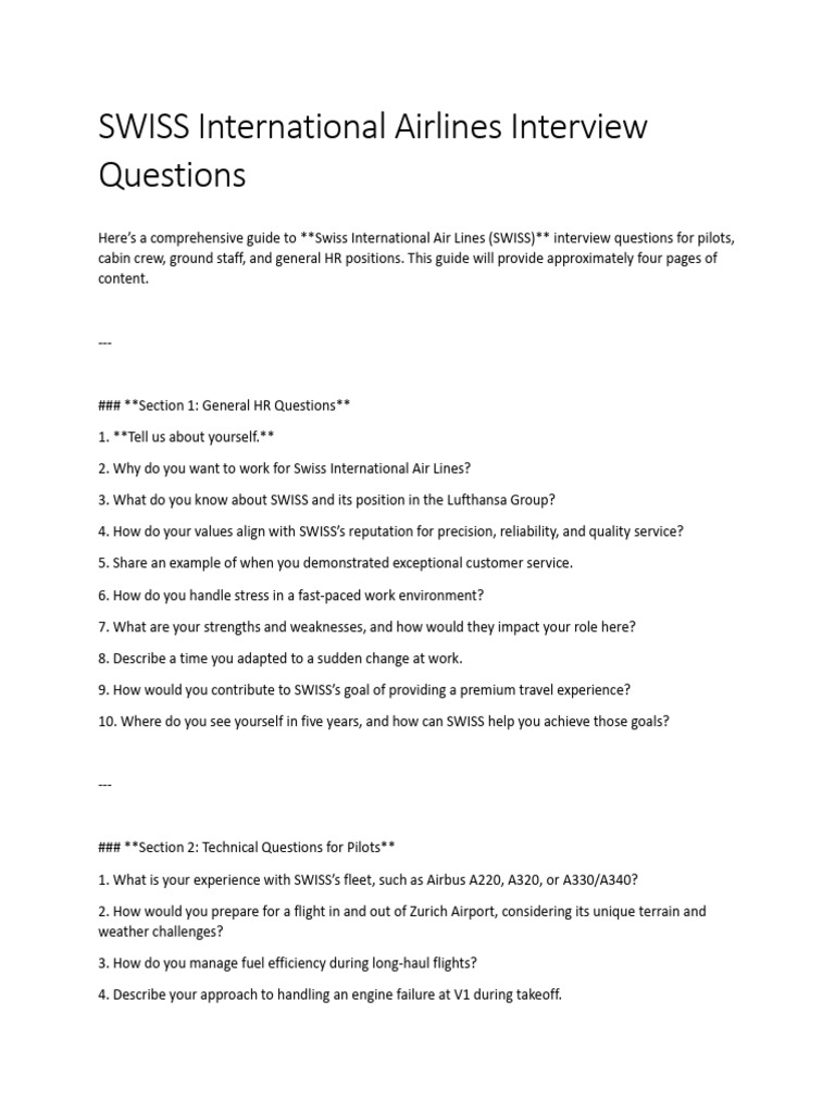 SWISS International Airlines Interview Questions | PDF | Aviation ...