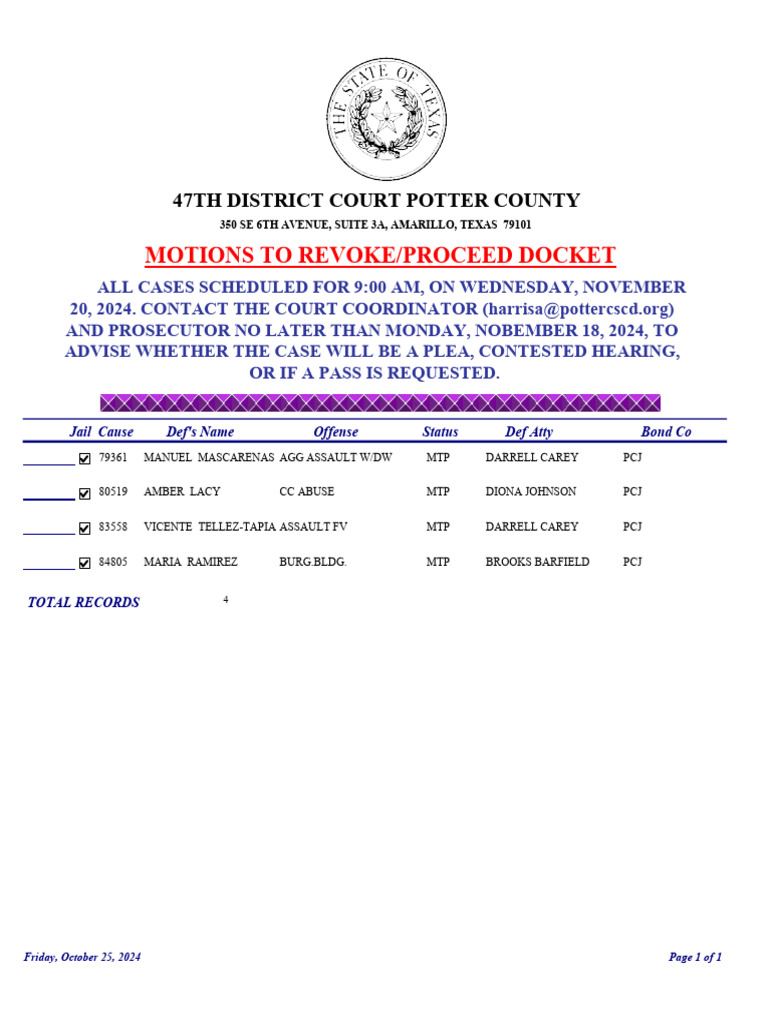 47th Potter Motion Docket 11.20.2024 | PDF