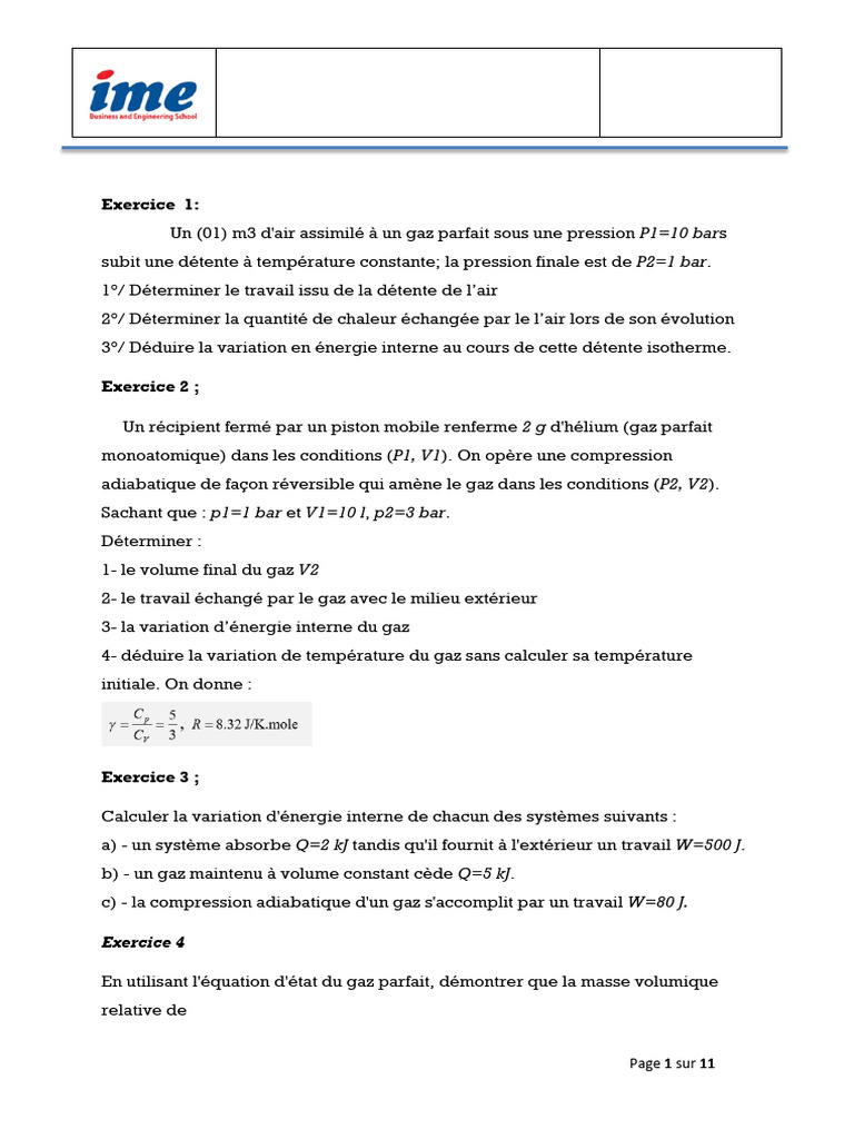 Exercices de thermodynamique avancée | PDF | Chaleur | Thermodynamique