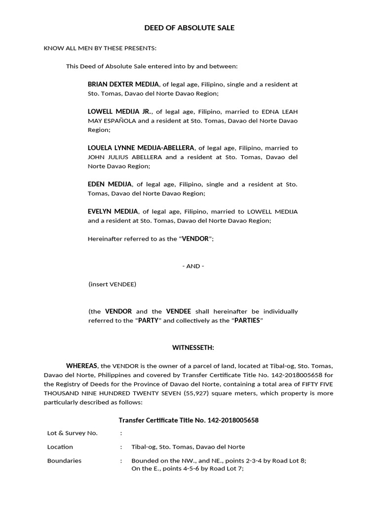Deed of Absolute Sale of Land | PDF | Title (Property) | Common Law