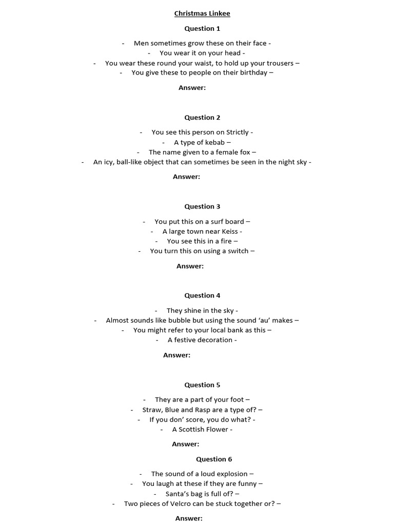 Christmas Linkee Quiz Questions | PDF | Christmas
