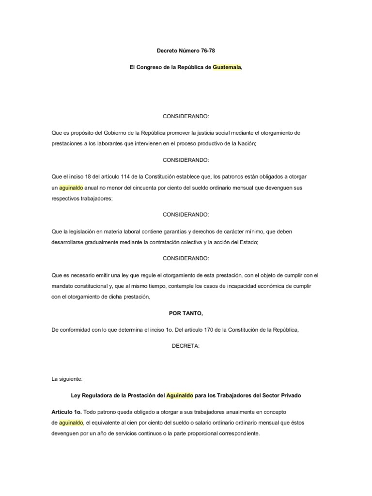 Aguinaldo Decreto 76-78 Guatemala | PDF | Derecho laboral | Salario
