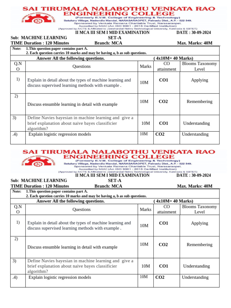 MCA Machine Learning Exam | PDF | Machine Learning | Statistical Theory