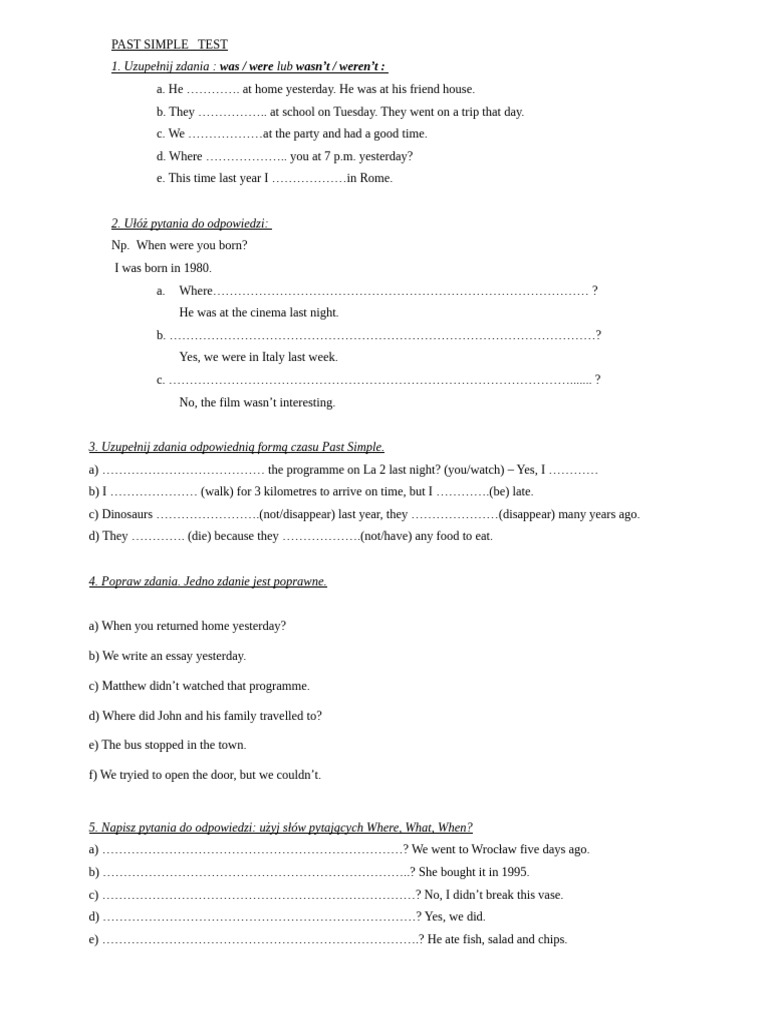 Past Simple Test Klasa 7 Past Simple Test[1] | PDF