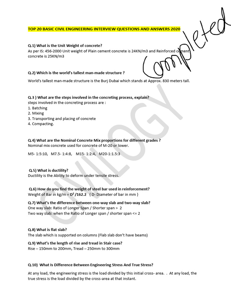 Top Civil Engineering Interview Q&A 2020 | PDF