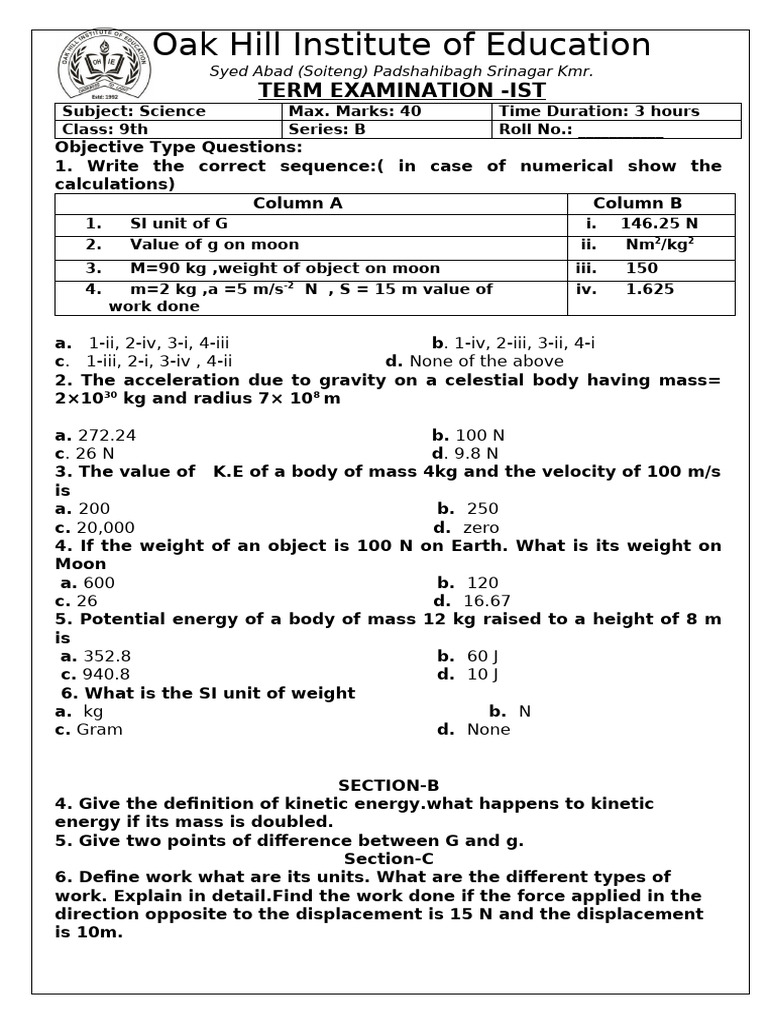 Class 9 Science Term Exam Paper | PDF