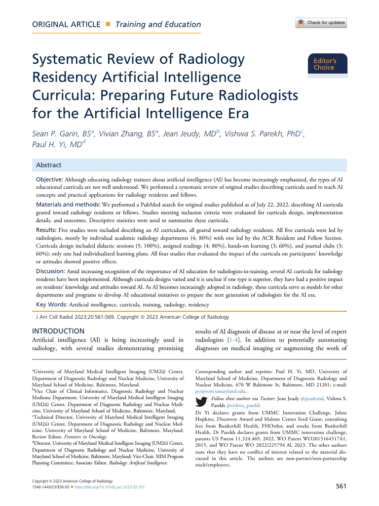 Systematic Review of Radiology Residency Artificial Intelligence | PDF ...