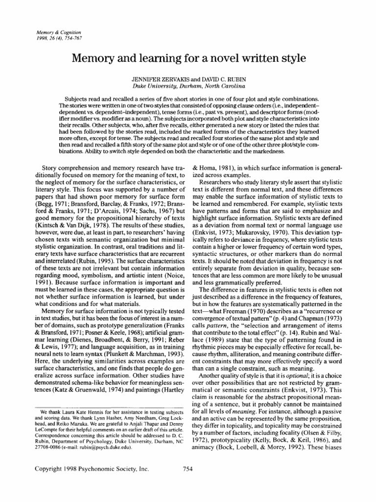 Memory and Learning For A Novel Written Style - 1998 - Springer New ...