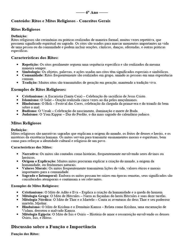 Ritos e Mitos Religiosos no 6º Ano | PDF | Eucaristia | Mitologia grega