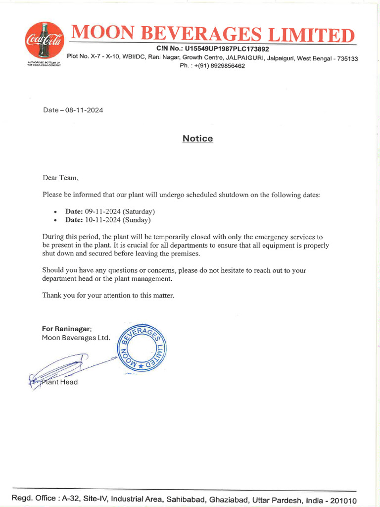 Plant Shutdown Notice | PDF