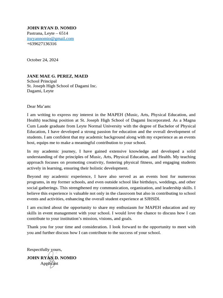 SJHSDI - Application Letter | PDF