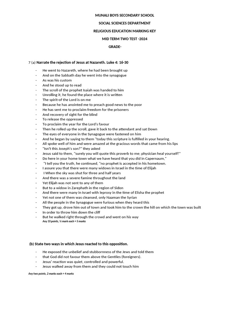 Religious Education Marking Key 2024 | PDF | Jesus | Elijah