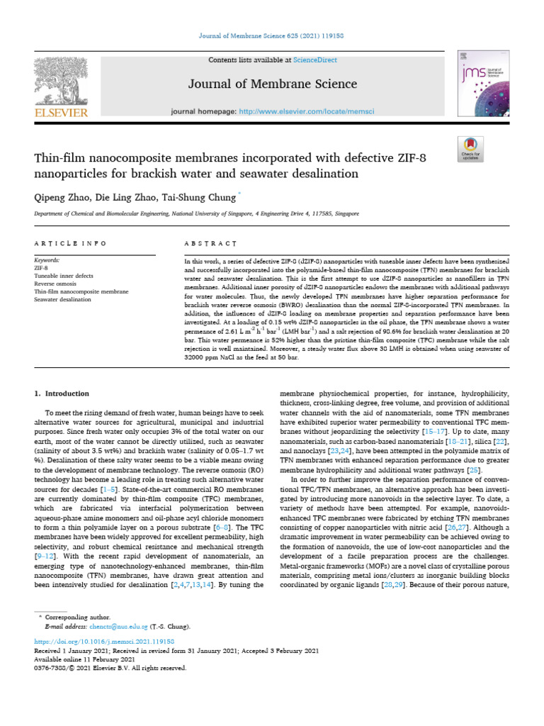 Defective ZIF-8 in TFN Membranes for Desalination | PDF | Membrane ...