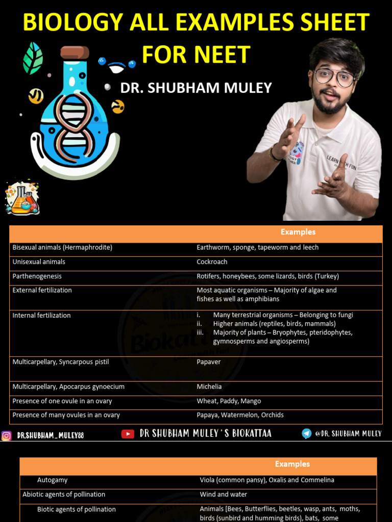 Biology Examples for NEET Preparation | PDF | Pollination | Seed