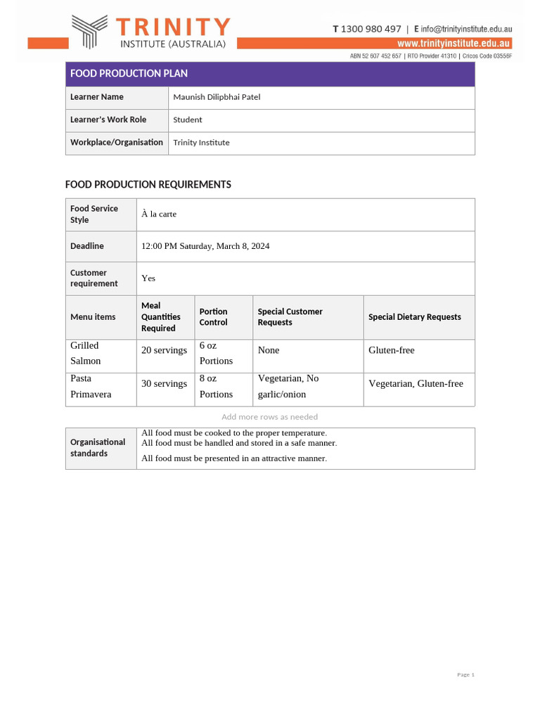 Food Production Plan for Restaurant | PDF | Grilling | Cooking