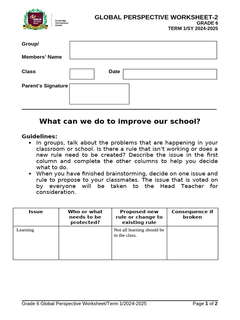 Worksheet2 Global Perspectives Grade 6 AY 20242025 PDF