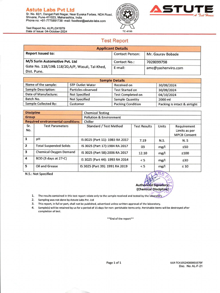 Test Report ALPL241979 Surin Wasuli STP (O) | PDF