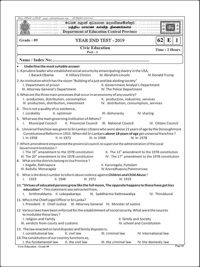 Grade 9 Civic Education Test Paper | PDF | Social Science