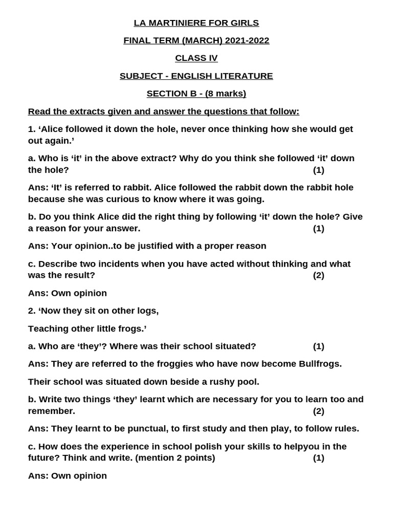 Answer Key Final Term English Literature Section B | PDF