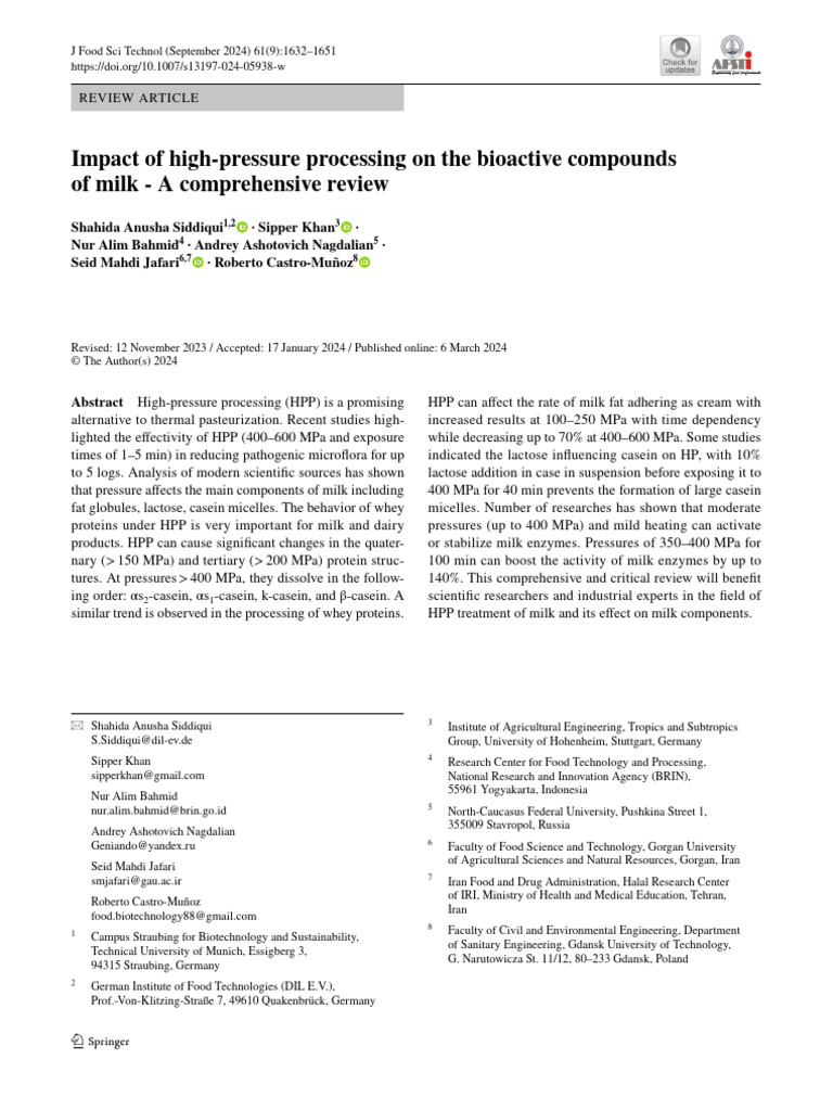 Impact of High Pressure Processing On The Bioactive Compounds of Milk A ...