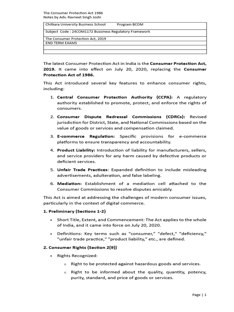 Consumer Protection Act 2019 Overview | PDF | Consumer Protection ...