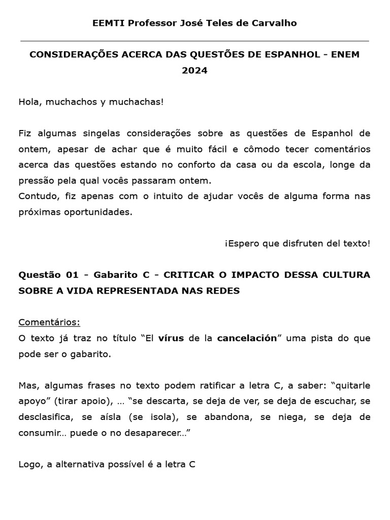 Análise das Questões de Espanhol ENEM 2024 | PDF | Carreira e ...