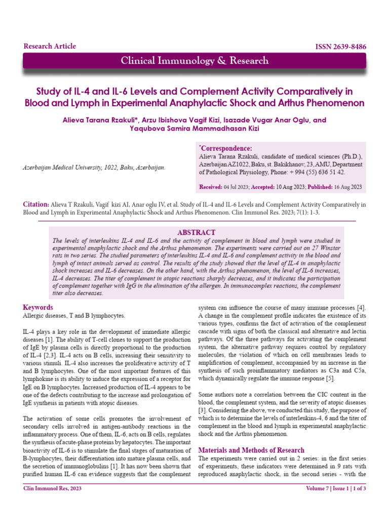 Study of Il4 and Il6 Levels and Complement Activity Comparatively in ...