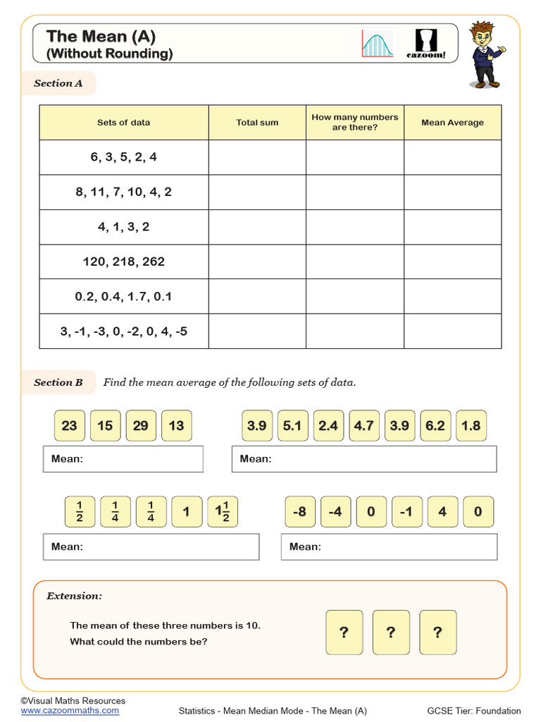 Cazoom Maths. Mean Median Mode. The Mean (A) | PDF