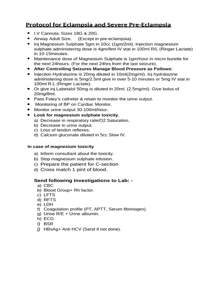 Protocol For Eclampsia and Severe Pre | PDF