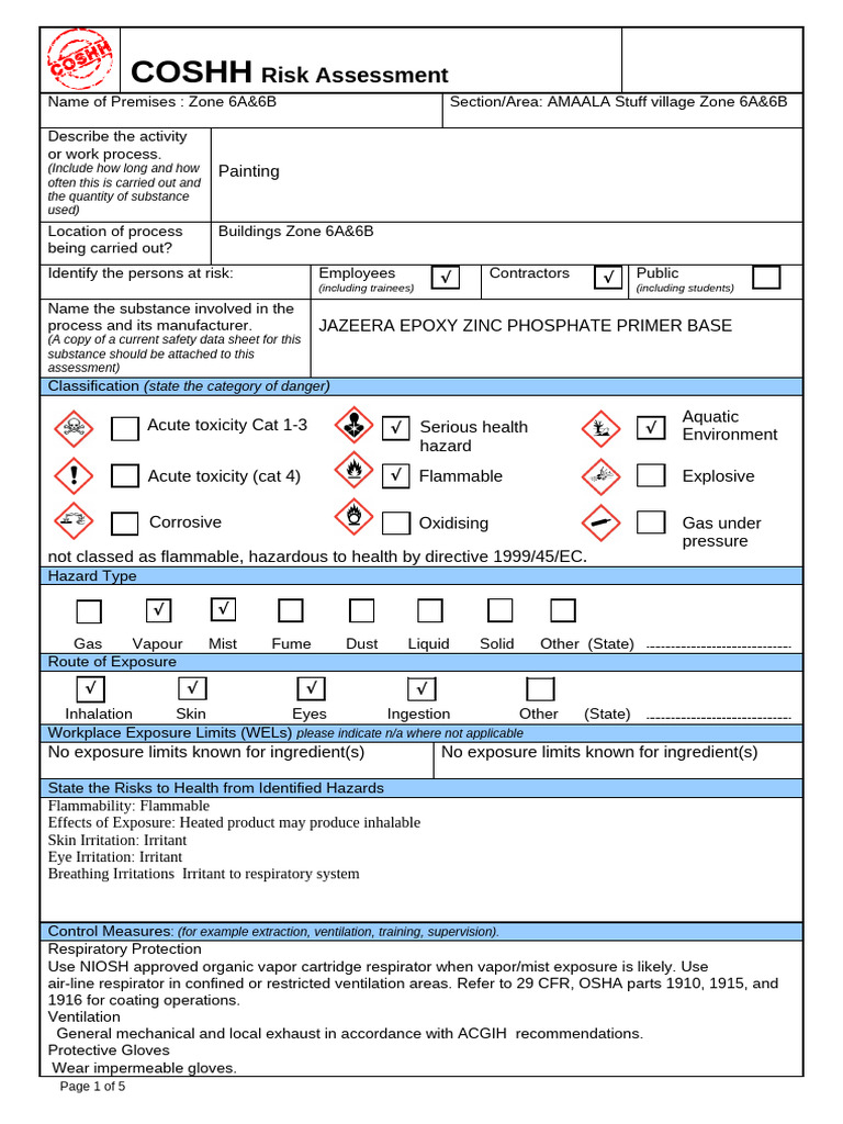COSHH Risk Assessment for Painting | PDF | Toxicity | Personal ...