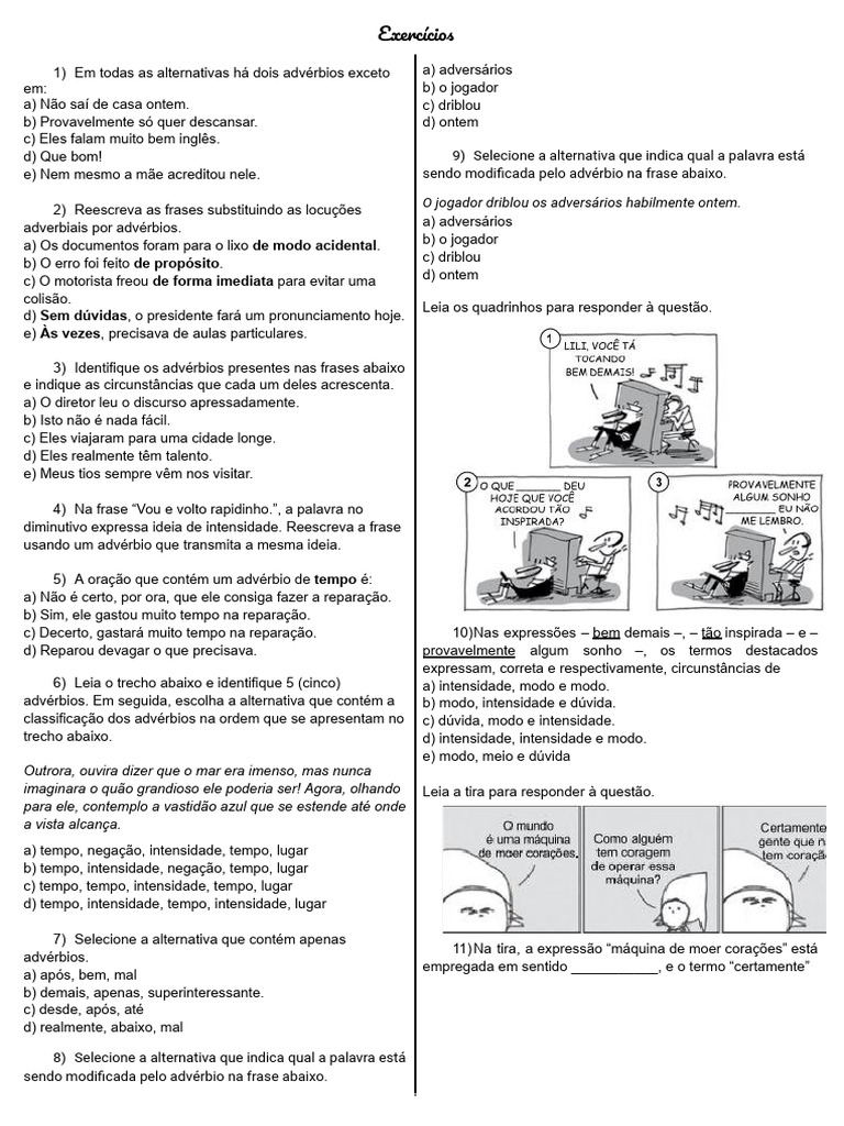 12 Exercícios De Advérbios Com Gabarito Comentado – WEOS
