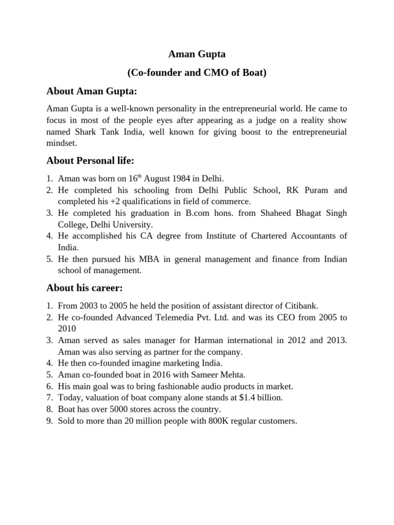 Aman Gupta by Sparsh and Aryan | PDF | Career & Growth | Finance ...