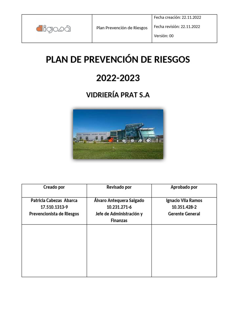 Plan de Prevención de Riesgos 2022-2023 | PDF | Seguridad y salud ...