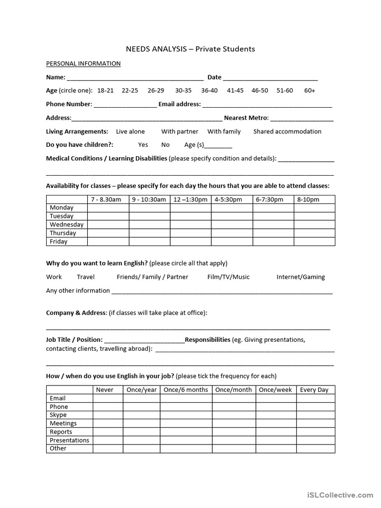 Private Student Needs Analysis Form | PDF | English Language | Human ...