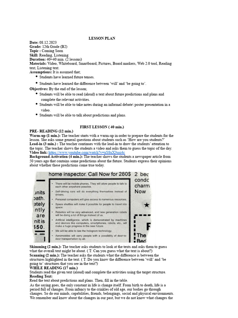 Future Predictions & Plans Lesson | PDF | Lesson Plan | Learning