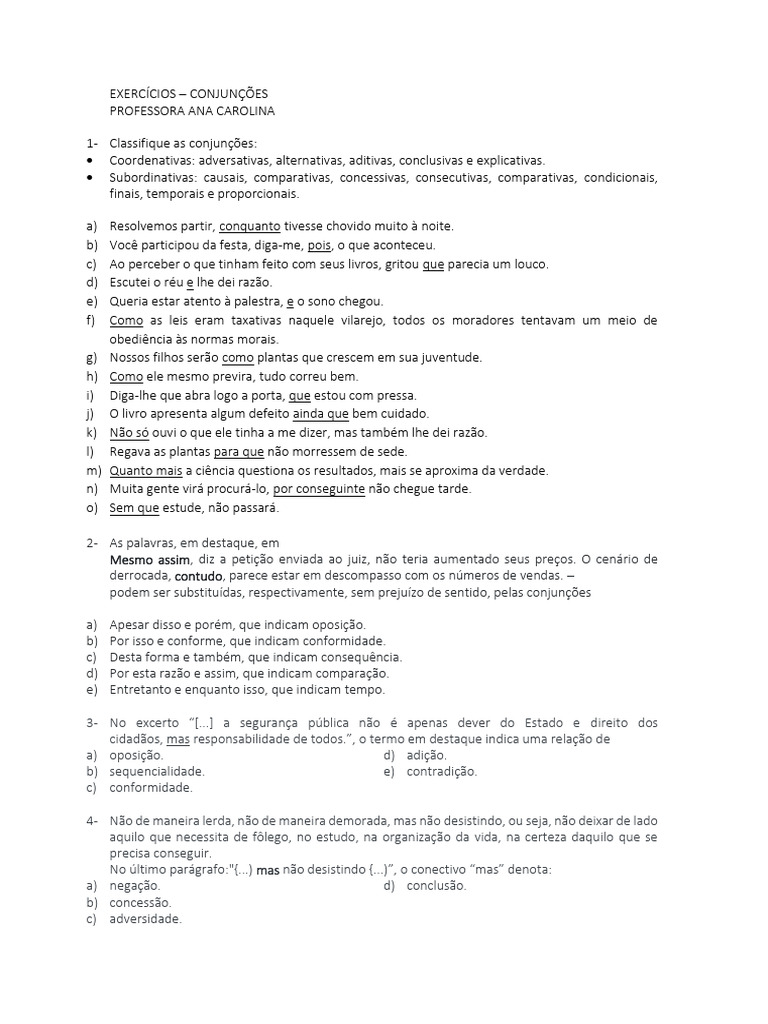 Exercícios sobre Conjunções em Português | PDF | Artes Linguísticas e ...