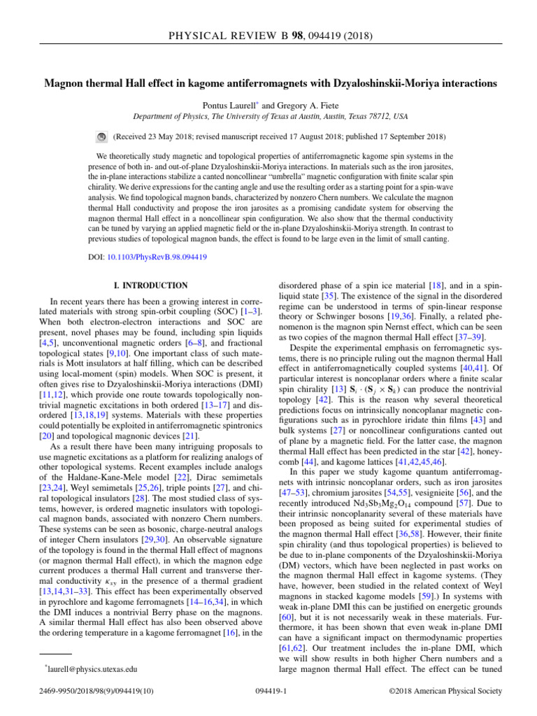 Magnon Thermal Hall Effect in Kagome Antiferromagnets | PDF | Magnetism ...
