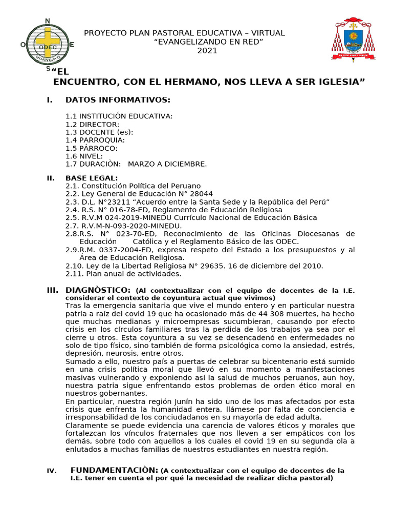 Esquema Del Plan Pastoral Educativa - Virtual 2021 | PDF
